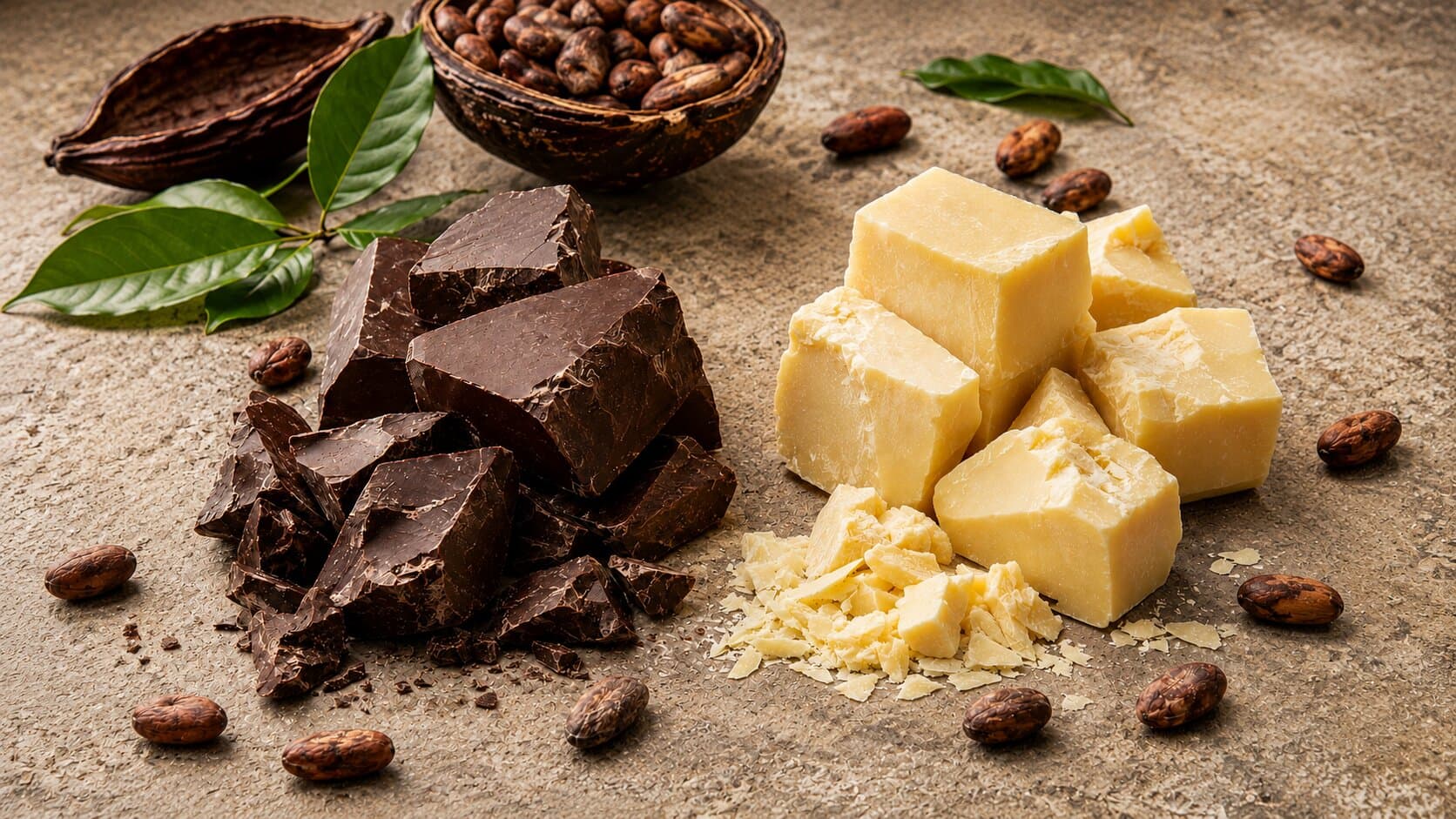 Dark chocolate chunks and cocoa butter blocks beside cocoa beans and a dried cocoa pod